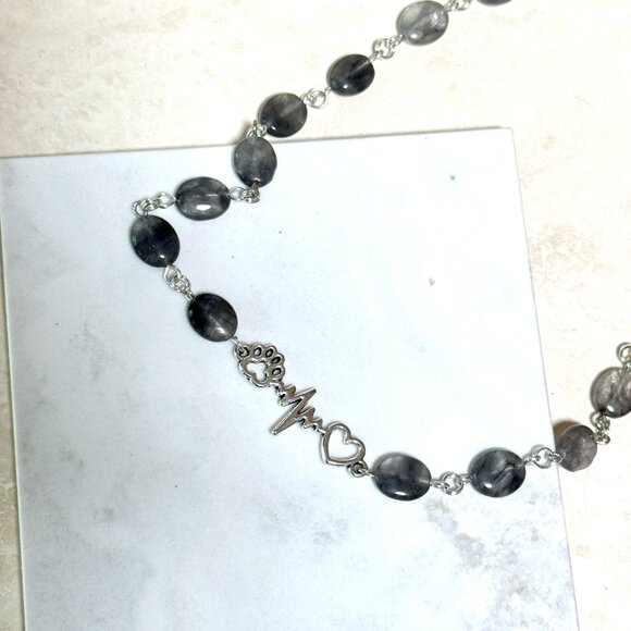 Genuine Grey Tourmalinated Quartz Short Necklace,Gemstone & Paw Print Heart Beat - Picture 5 of 14